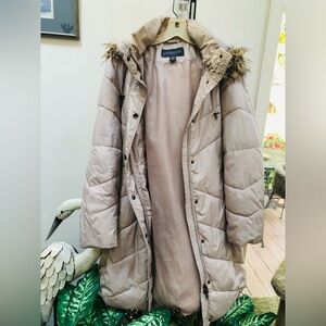 Covington Light Tan Puffer Coat with Faux Fur Trim